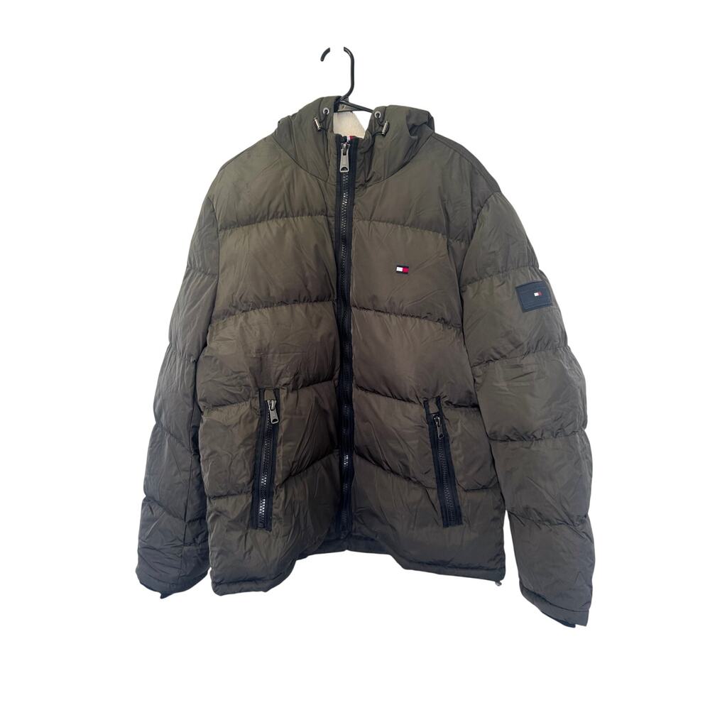 Tommy Hilfiger Men's Olive Green Hooded Puffer Jacket Sherpa Lined Hood Size XL